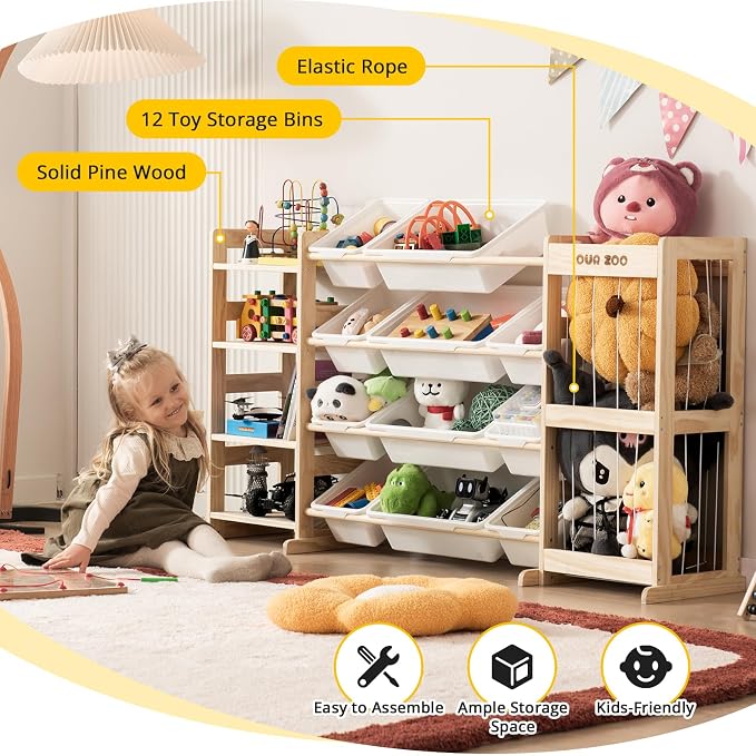 Large Kids Toy Storage Organizer - Toy Organizers and Storage with Stuffed Animal Storage, Solid Wood Toy Storage Shelf with 12 Plastic Bins, 4-Tier Bookshelf for Kids Room, Playroom, Bedroom, 59 inch