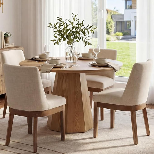 RIVOVA Upholstered Dining Chairs Set of 4, Modern Wooden Dining Room Chair Linen Fabric Kitchen Chairs Farmhouse Dinner Chair with Hardwood Frame, Beige