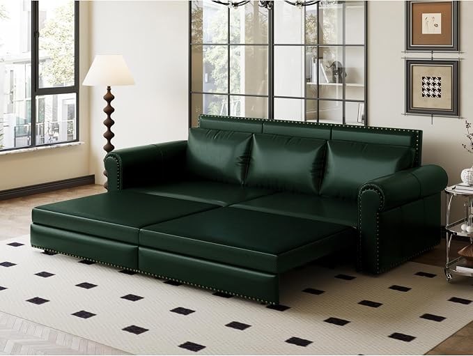 93.7" King Pull Out Sofa Bed, Faux Leather Sleeper Sofa Couch, 3 in 1 Convertible Futon Couches for Living Room, Small Space, Apartment, Office, Bedroom, Modern Rivet Armrest, Green
