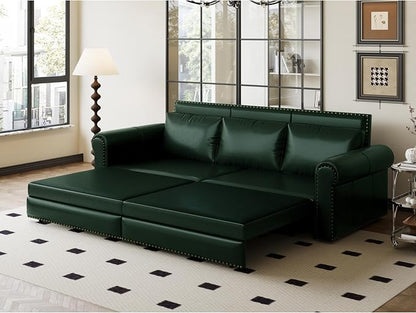 93.7" King Pull Out Sofa Bed, Faux Leather Sleeper Sofa Couch, 3 in 1 Convertible Futon Couches for Living Room, Small Space, Apartment, Office, Bedroom, Modern Rivet Armrest, Green