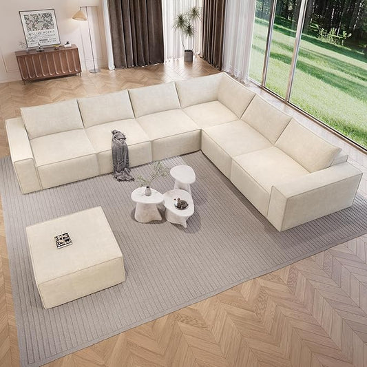 Vesgantti 143.7" Oversized Boneless Couch, Modern 7 Seater Modular Sectional Sofa with Deep Seat, Convertible Chenille Cloud Couches for Living Room, No Assembly Required, Beige
