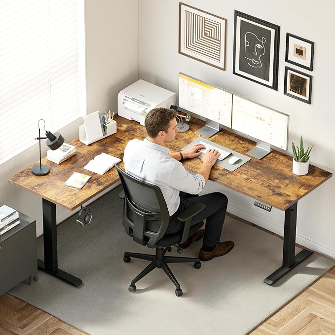 Agilestic L Shaped Standing Desk 63 x 55 inch Adjustable Height, Electric Corner Standing Desk, Sit Stand Computer Table with Splice Board, Vintage Brown