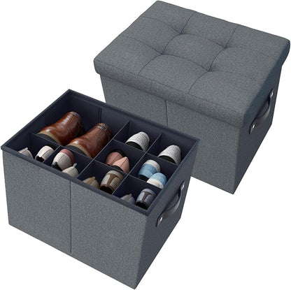 2 Pack Storage Ottoman Shoe Organizer for Closet - Adjustable Dividers Storage Box for Shoes | Clothes | Toy | Blanket, Foldable Foot Stool Small Bench Shoe Cabinet for Living Room & Bedroom