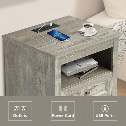 LOUVIXA Farmhouse Bedroom Sets of 4, Including 9 Drawer Dresser, 5 Drawer Dressers and Nightstand Set of 2 with Charging Station (Grey Sets, 3 Pieces-9 Drawer Dresser+2 Nightstand)