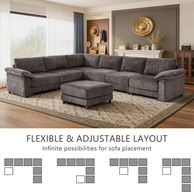 Oversized Modular Cloud Couch with Removable Washable Cover, L/V-Shaped Sectional for Large Living Room, Plush Chenille & Deep Seat（Grey）