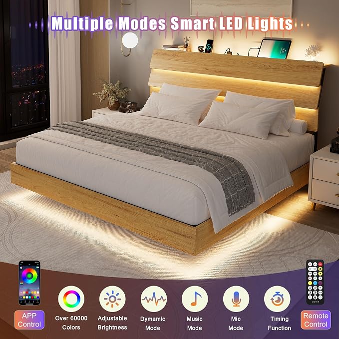 Feonase Floating Bed Frame King with Led Lights and Charging Station, Wood Full Size Bed Frame with Storage Headboard, Heavy Duty Metal Slats, No Box Spring Needed, Easy Assembly,Oak