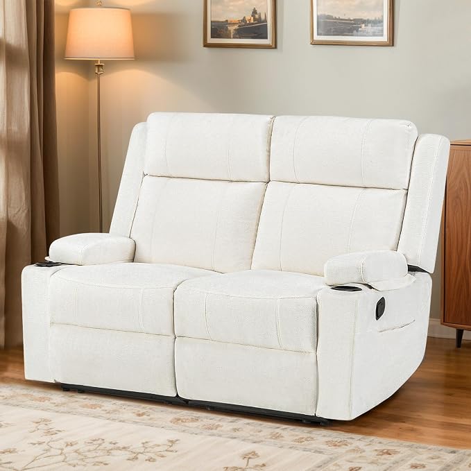 55" RV Loveseat Recliner – Space-Saving Double Reclining RV Sofa, Compact Theater Seating with Cup Holders & Storage Pocket, Beige Chenille Couch for Camper, Motorhome & Home Theater