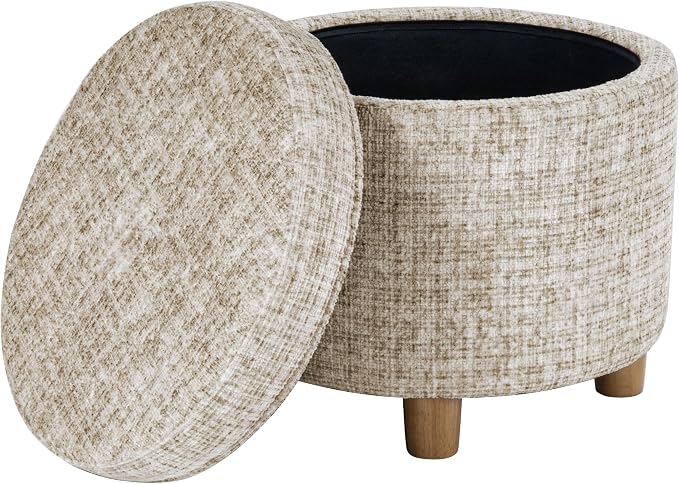 HomePop 19" Round Storage Ottoman - Cream Textural Woven