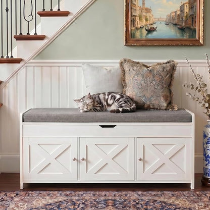 Marsail Shoe Storage Bench with Seating, Farmhouse Entryway Bench with Shoe Storage and Cushion, Under Window Benches Wooden Ottoman for Bedroom, Entry Way, Living Room, White
