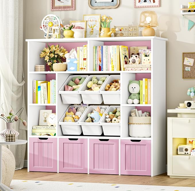 FINETONES Toy Storage Organizer with 6 Toy Bins, Toy Organizer Kids Bookshelf with 4 Movable Drawers and 6 Storage Cubbies, Toy Bins for Kids Organizer Playroom Storage for Living Room, Pink