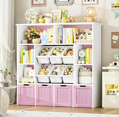 FINETONES Toy Storage Organizer with 6 Toy Bins, Toy Organizer Kids Bookshelf with 4 Movable Drawers and 6 Storage Cubbies, Toy Bins for Kids Organizer Playroom Storage for Living Room, Pink