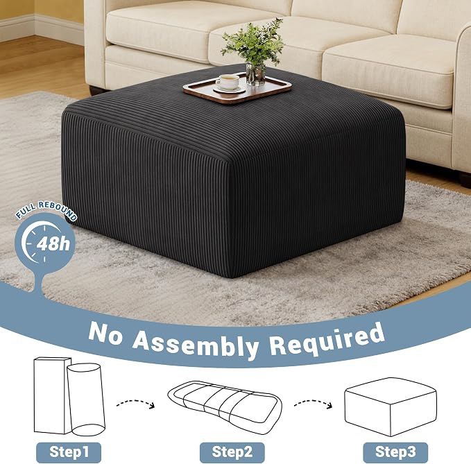 40" Oversized Large Square Corduroy Ottoman Pouf - Poofy Plush Foot Rest with Foam Chunk Filling, Movable Floor Pouf Footstool & Ottoman Coffee Table for Living Room Couch Bedroom, Black(2 Pieces)