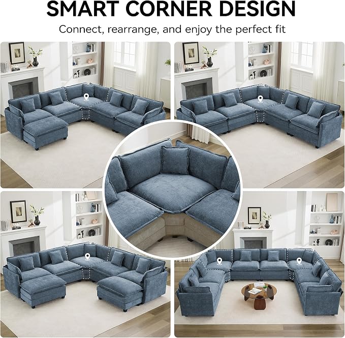 147'' Oversized U Shaped Cloud Sectional Sofa, Chenille Deep Seat Couches for Living Room, Comfy Upholstered Modular Sectional Sofa Couch, Blue