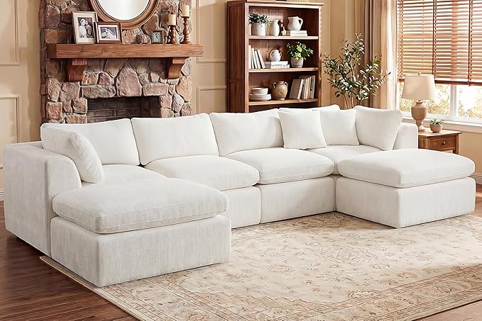 GRUSIGN 141'' Oversized Boneless Cloud Couch for Living Room, Modern Big Sectional Compressed U Shape Couch with 2 Ottoman, Comfy Chenille Deep Seat Memory Foam Spineless 6 Seater Sofa, Beige
