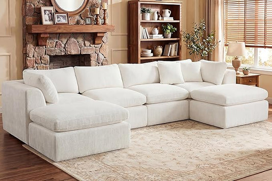 GRUSIGN 141'' Oversized Boneless Cloud Couch for Living Room, Modern Big Sectional Compressed U Shape Couch with 2 Ottoman, Comfy Chenille Deep Seat Memory Foam Spineless 6 Seater Sofa, Beige