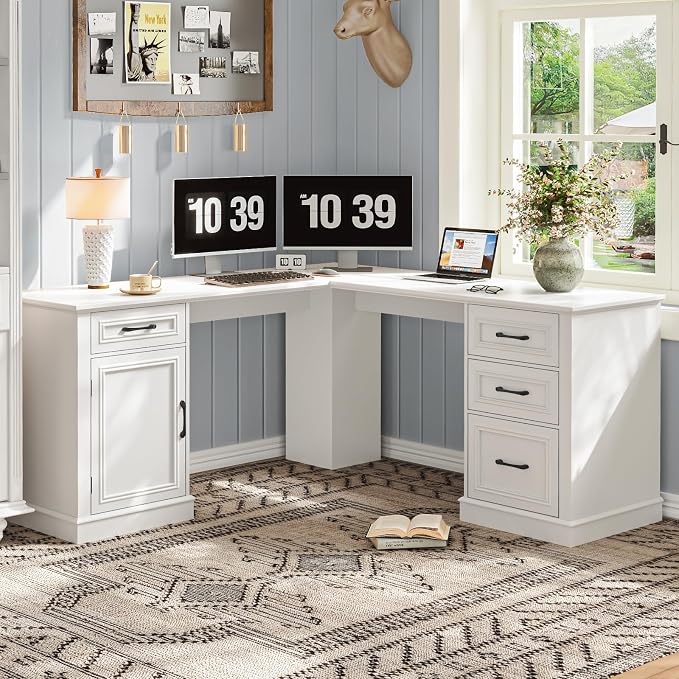 Vabches Farmhouse 59" L-Shaped Executive Desk with Drawers, Wood Home Office Corner Desk with File Drawer, Storage Cabinet, Rustic Computer Writing Desk for Home Office Cream White