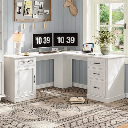 Halitaa Farmhouse 59" L-Shaped Executive Desk with Drawers, Wood Home Office Corner Desk with File Drawer, Storage Cabinet, Rustic Computer Writing Desk for Home Office. White