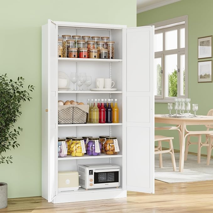 RAVIGIN Metal Storage Cabinet,71" H Pantry Cabinet with 2 Doors and 5 Adjustable Shelves,6 Tier Tall Kitchen Storage Cabinets for Kitchen,Pantry,Living/Study/Laundry Room(White)