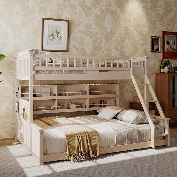 Twin XL Over Queen Bunk Bed, Wood Bunk Bed with Integrated Shelving, Color-Changing Lights and Pegboard for Kids Teens Adults, Beige