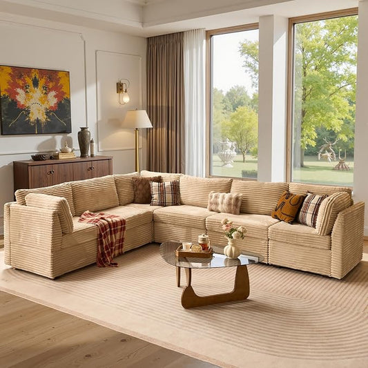 ovios Modular Sectional Sofa Couch with V-Shape Chaise Convertible, Comfy Plush Corduroy Cloud Couches, Modern Luxury Deep Seat Sofas Set for Living Room, 6-Seater, Beige