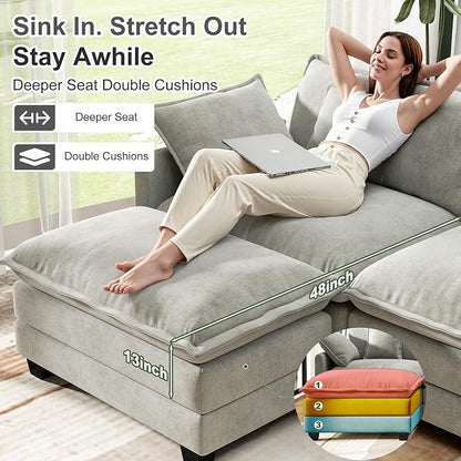 146" Cloud Couch Sectional, U Shaped Modular Sectional Sofa, 4-Seat Deep Seat Couch with 6 Removable Washable Pillows and 2 Ottoman for Living Room, Bedroom, Apartment, Light Grey