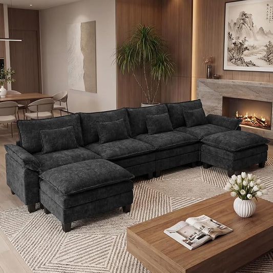 URRED Oversized Modular Sectional Sofa, 157" U Shaped Modern Comfy Cloud Couch with Movable Ottoman & Pillows, Deep Seat Couches for Living Room, Bedroom or Apartment (Chenille Black, 157" U Shaped)