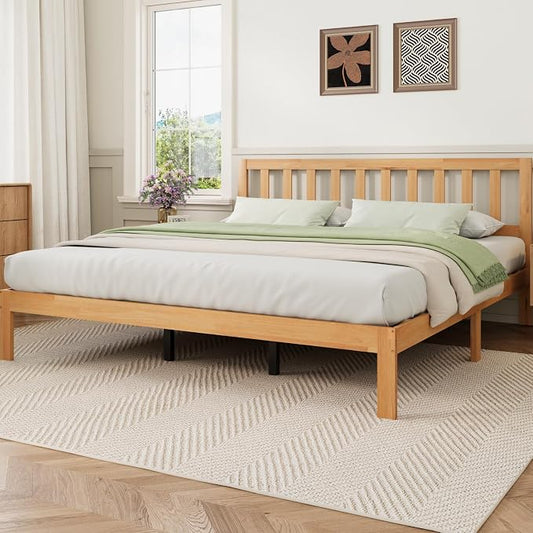Novilla 12 Inch King Size Bed Frame Solid Wooden King Bed Frame and Headboard, King BedFrames with Classic Headboard, No Box Spring Needed, Easy Assembly, Natural Grain Wood