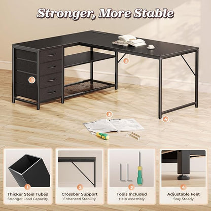 PRAISUN 53" L Shaped Desk with Power Outlets & USB-C Port, Reversible Computer Corner Office Desk with 4 Fabric Drawers and 2 Storage Shelves, Large Desk for Gaming Writing Work Study, Black