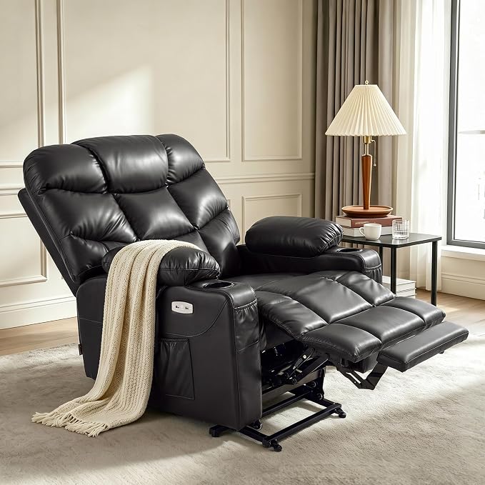 MCombo Oversized Power Lift Recliner Chair with Extended Footrest, Extra Wide for Big and Tall Elderly People, Faux Leather R7289 (Black, Medium-Wide)