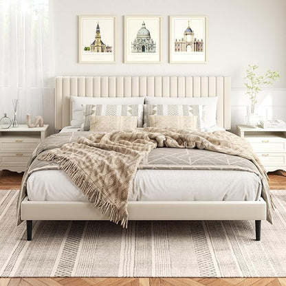 HAOARA King Size Bed Frame,King Size Platform Bed Frame and Velvet Upholstered Headboard with Strong Wood Slats, Box Spring Optional, Mattress Foundation, Easy Assembly Beige