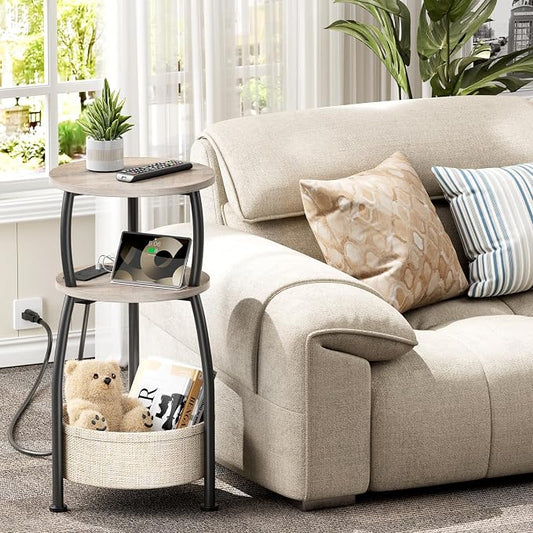Small Side Table with Charging Station, Round End Table with Basket, USB Port and Outlet, 3 Tiers Sofa Couch Table Bedside Table for Living Room Bedroom, Small Spaces, 11.81in Greige