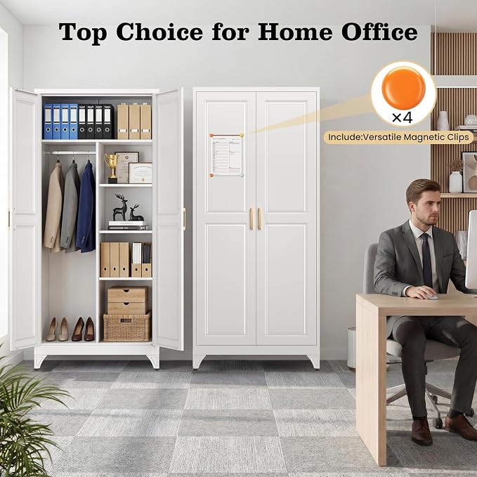 71" Metal Storage Cabinet with Hanging Rod, Tall White Wardrobe Closet with 3 Adjustable Shelves, Heavy Duty Steel Office Armoire, Modern Minimalist Design for Bedroom, Laundry Room