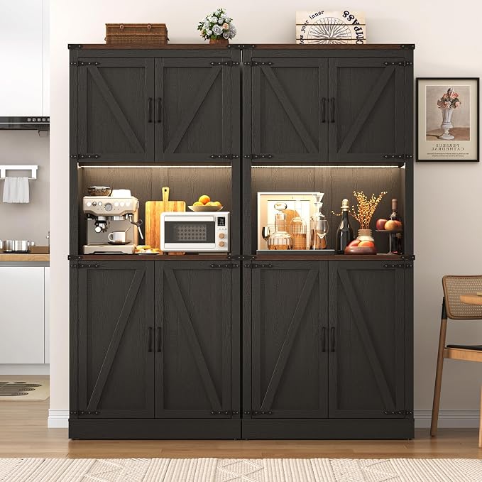 72" Tall Farmhouse Kitchen Pantry Cabinet with LED Light and Power Outlet,Modern Farmhouse Kitchen Storage Cabinet w Load-Bearing Steel Pipe,Barn Doors, Organizer,Food Pantry Cabinets(2PC Black)