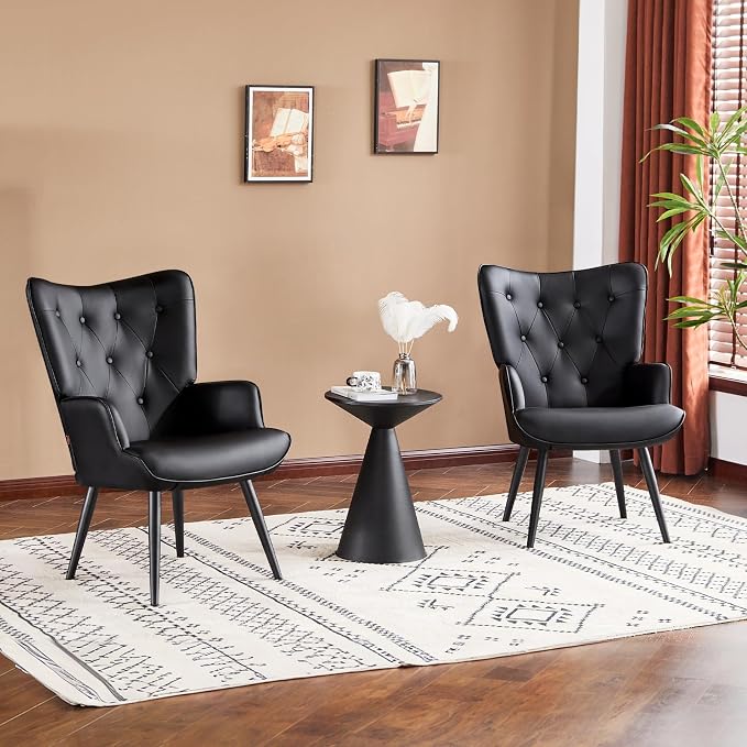 Furniliving PU Leather Accent Chair for Living Room, Upholstered Reading Chair with High Backrest, Tufted-Button Wingback Armchair for Bedroom, Dressing Room, Home Office, Set of 2, Black
