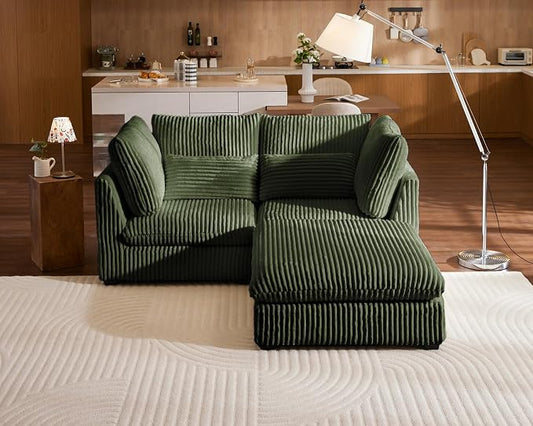 77" Oversized Corduroy Couch Modular Sectional Sofa, Washable Cloud Couch Sectional with Ottoman, 3 Seater Sectional Couches for Living Room, Fully Cover Removable, L Shaped, Corduroy, Green