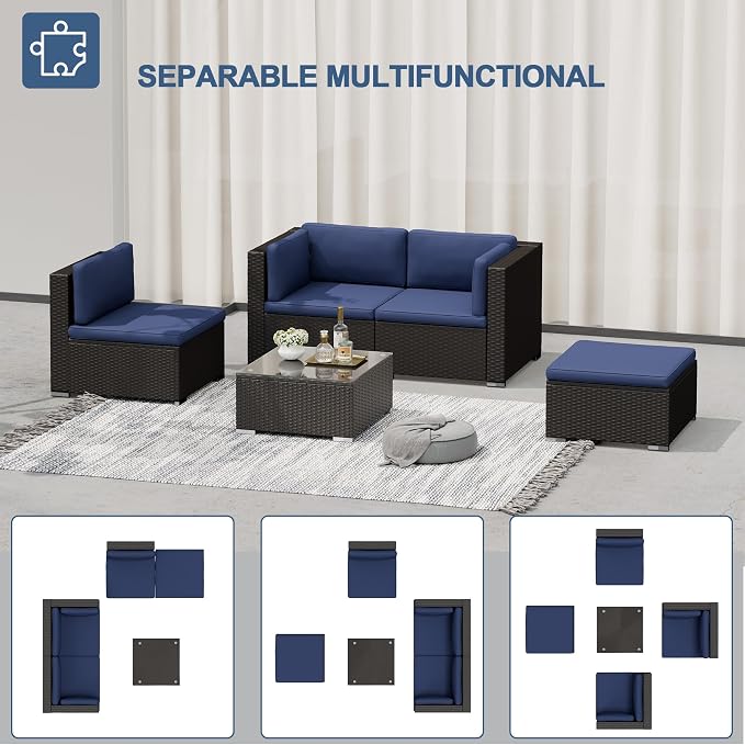 SUNCROWN 5-Piece Outdoor Patio Furniture Set, All-Weather PE Rattan Sectional Sofa with Ottoman, Glass Coffee Table & Cushions, Modular Wicker Conversation Set for Backyard, Garden, Porch, Dark Blue