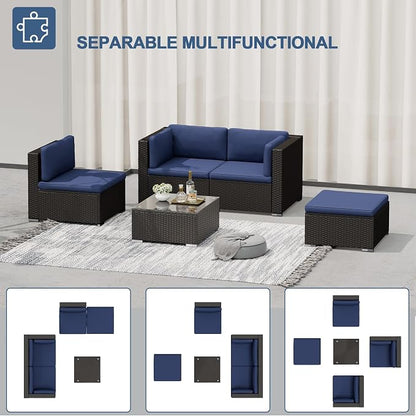 SUNCROWN 5-Piece Outdoor Patio Furniture Set, All-Weather PE Rattan Sectional Sofa with Ottoman, Glass Coffee Table & Cushions, Modular Wicker Conversation Set for Backyard, Garden, Porch, Dark Blue