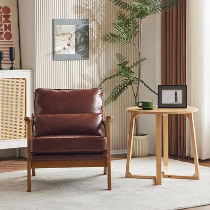 Karl home Mid-Century Lounge Accent Chair, Red-Brown | Wide Curved Armrest, PU Leather, Lumbar Pillow Included, Solid Wood Frame, For Living Room, Bedroom, Balcony, Apartment