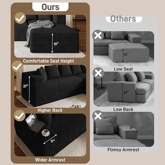 Oversized L Shaped Boneless Sectional Couches for Living Room, 107" Comfy Fluffy Cloud Modular Sectional Sofa, Plush Corduroy Memory Foam Floor Sofa with Right Facing Chaise Couch