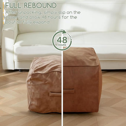 HIGOGOGO Square Stuffed Pouf Ottoman, Pu Leather Poufs with Foam Chunk Filling, Furry and Fluffy Pouf Foot Stool Storage Ottoman,20 X 14 Inches Floor Poufs Foot Rest for Living Room, Brown