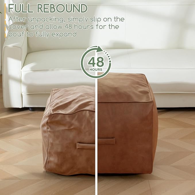 HIGOGOGO Square Stuffed Pouf Ottoman, Pu Leather Poufs with Foam Chunk Filling, Furry and Fluffy Pouf Foot Stool Storage Ottoman,26x18 Inches Floor Poufs Foot Rest for Living Room, Brown