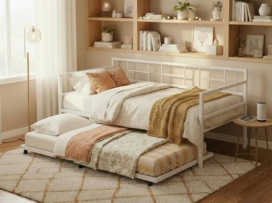 DWVO Daybed with Trundle, Adjustable Height Twin Daybed with Pull Out Trundle, Sofa Bed Couch with Heavy Duty Metal Slats, for Living Room, Bedroom, Guest Room, Space Saving, Modern White