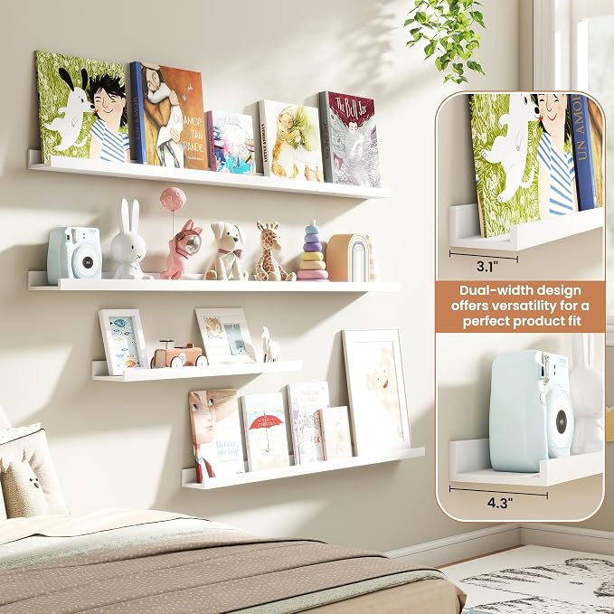Fun Memories Picture Ledge Shelves Set of 4, 32 Inch Rustic Wall Mounted Floating Shelves with Lip for Home Storage and Décor in Bathroom, Kitchen, Nursery, Bedroom, Living Room, White