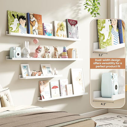 Fun Memories Picture Ledge Shelves Set of 4, 24 Inch Rustic Wall Mounted Floating Shelves with Lip for Home Storage and Décor in Bathroom, Kitchen, Nursery, Bedroom, Living Room, White