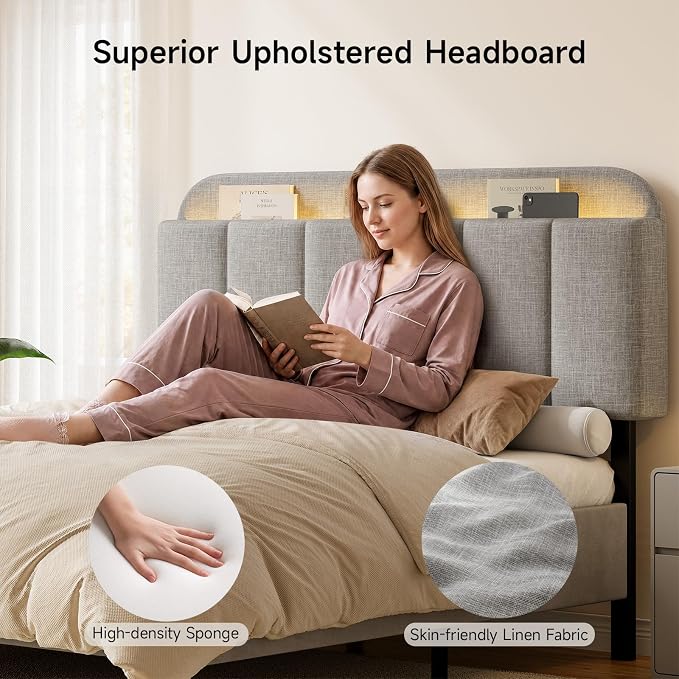 Headboard for Full/Queen Size with LED Light, Upholstered Bed HeadBoard with Storage, Linen Fabric Head Board with Vertical Channel Design, Height Adjustable, Easy to Assemble, Light Grey