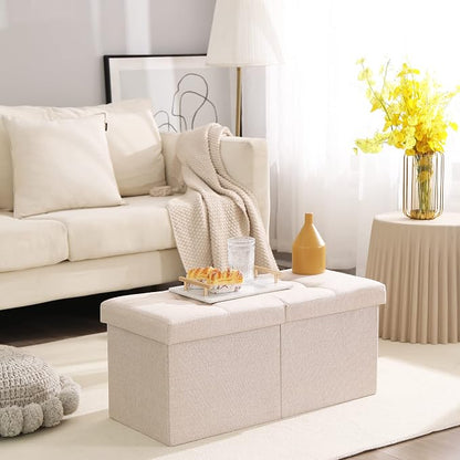 Storage Ottoman Bench Foldable Seat Footrest End of Bed Ottoman with Flipping Lid for Living Room, 75L, 30 inches Linen Fabric Beige