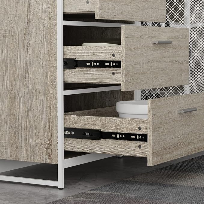 AIEGLE Large Kitchen Hutch Storage Cabinet, Pantry Cabinets with Hutch, Metal Frame Cupboard with Mesh Door, Drawer & Microwave Shelf, Freestanding Kitchen Storage, Beige (59" W x 15.7" D x 68.5" H)