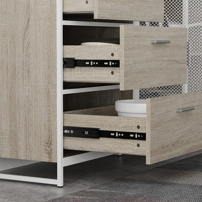 AIEGLE Large Kitchen Hutch Storage Cabinet, Pantry Cabinets with Hutch, Metal Frame Cupboard with Mesh Door, Drawer & Microwave Shelf, Freestanding Kitchen Storage, Beige (59" W x 15.7" D x 68.5" H)