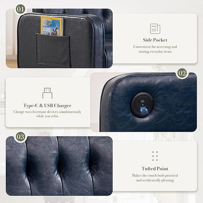 57” W Loveseat Sofa, Small Blue Faux Leather Couch w/USB Charging Ports & Pockets, Mid Century Modern Tufted Love Seat Couches, Mini Office Sofa Couch for Small Spaces, Bedroom, Apartment