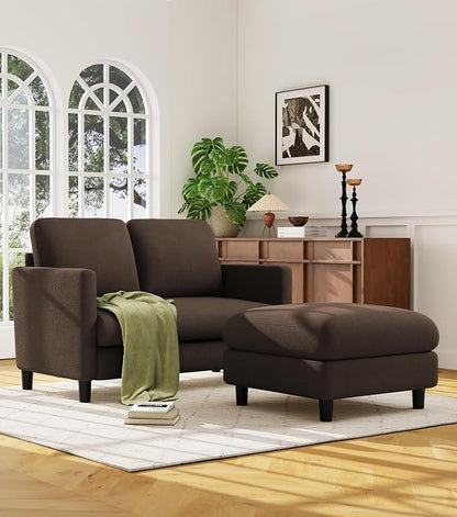 Welzona Loveseat, 51" Small L Shaped Couch, Comfy Teddy Love Seat with Ottoman Set, Tool-Free Setup Loveseat Sofa with Ottoman, All-Wood Small Sofa Couch for Bedroom, Couch for Living Room, Brown